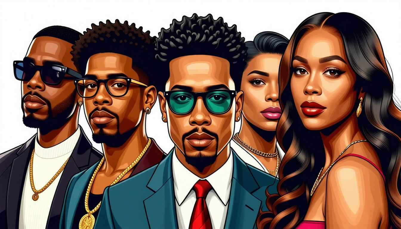 Five people with various hairstyles and sunglasses, wearing formal attire, standing closely together against a white background