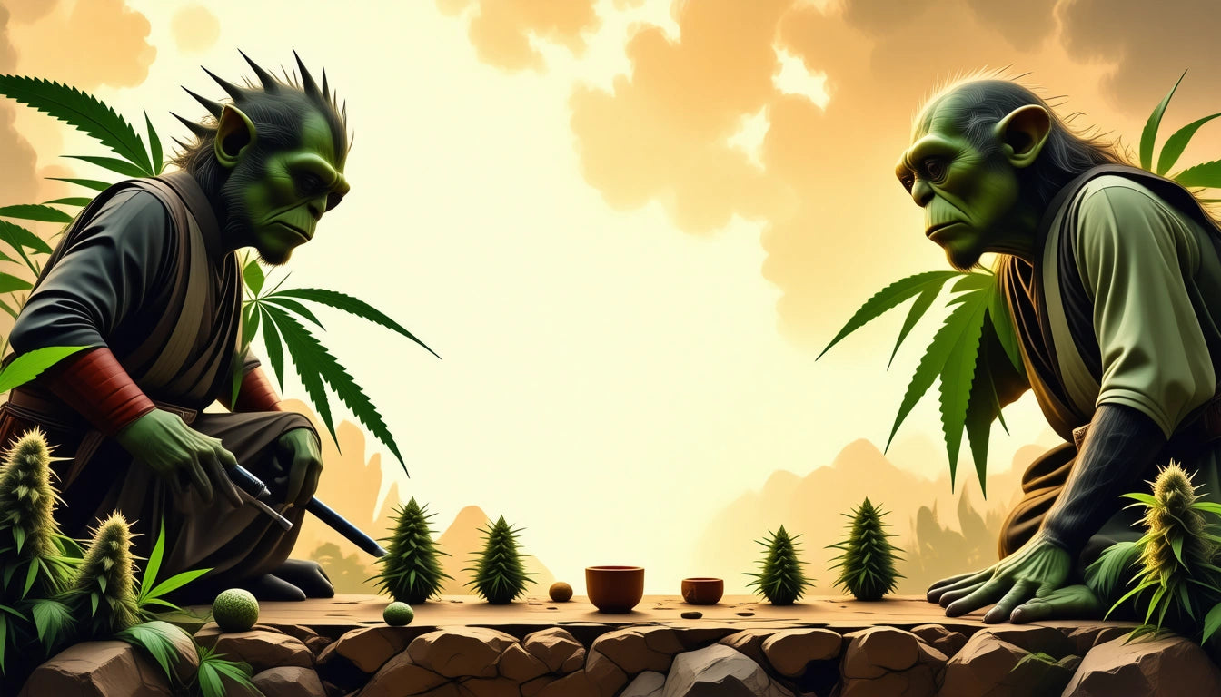Two green-skinned creatures crouch on rocky ground, facing each other with small plants and bowls between them, under a cloudy sky