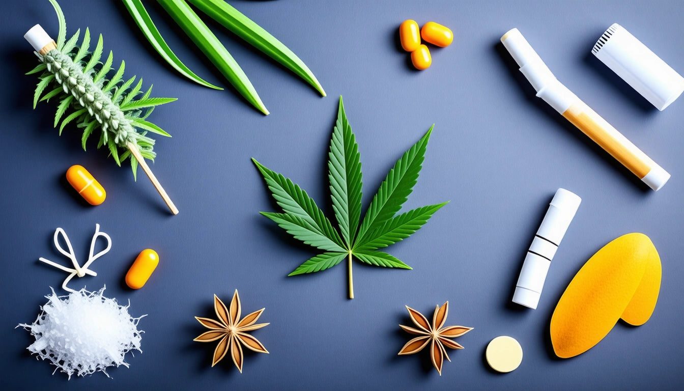 Green leaf centered on blue surface, surrounded by capsules, star anise, aloe leaves, spray bottles, and a spiky white object