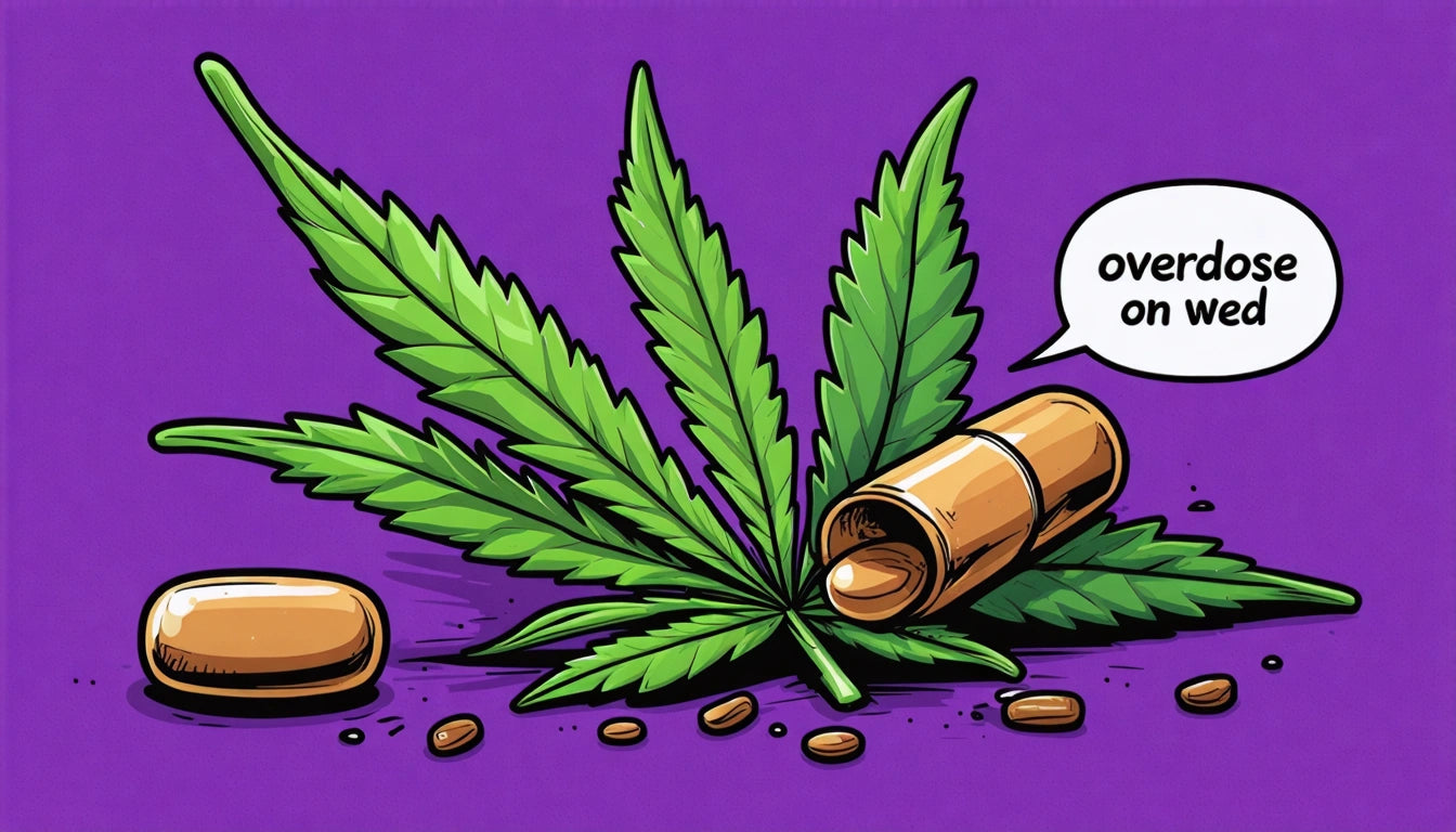 Green cannabis leaves, brown pill bottle tipped over, pills scattered, speech bubble saying "overdose on weed," purple background