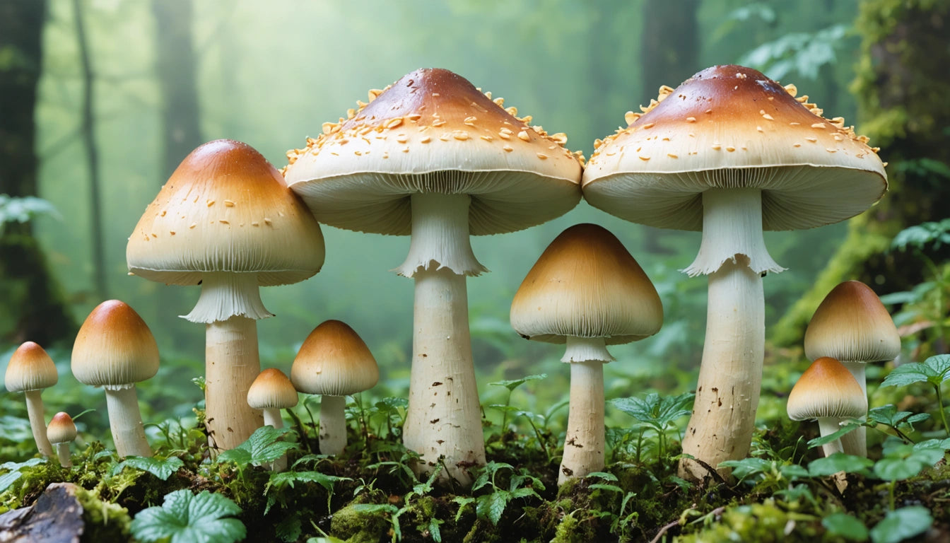 Cluster of mushrooms with brown caps and white stems growing in a forest, surrounded by green foliage and soft, diffused light