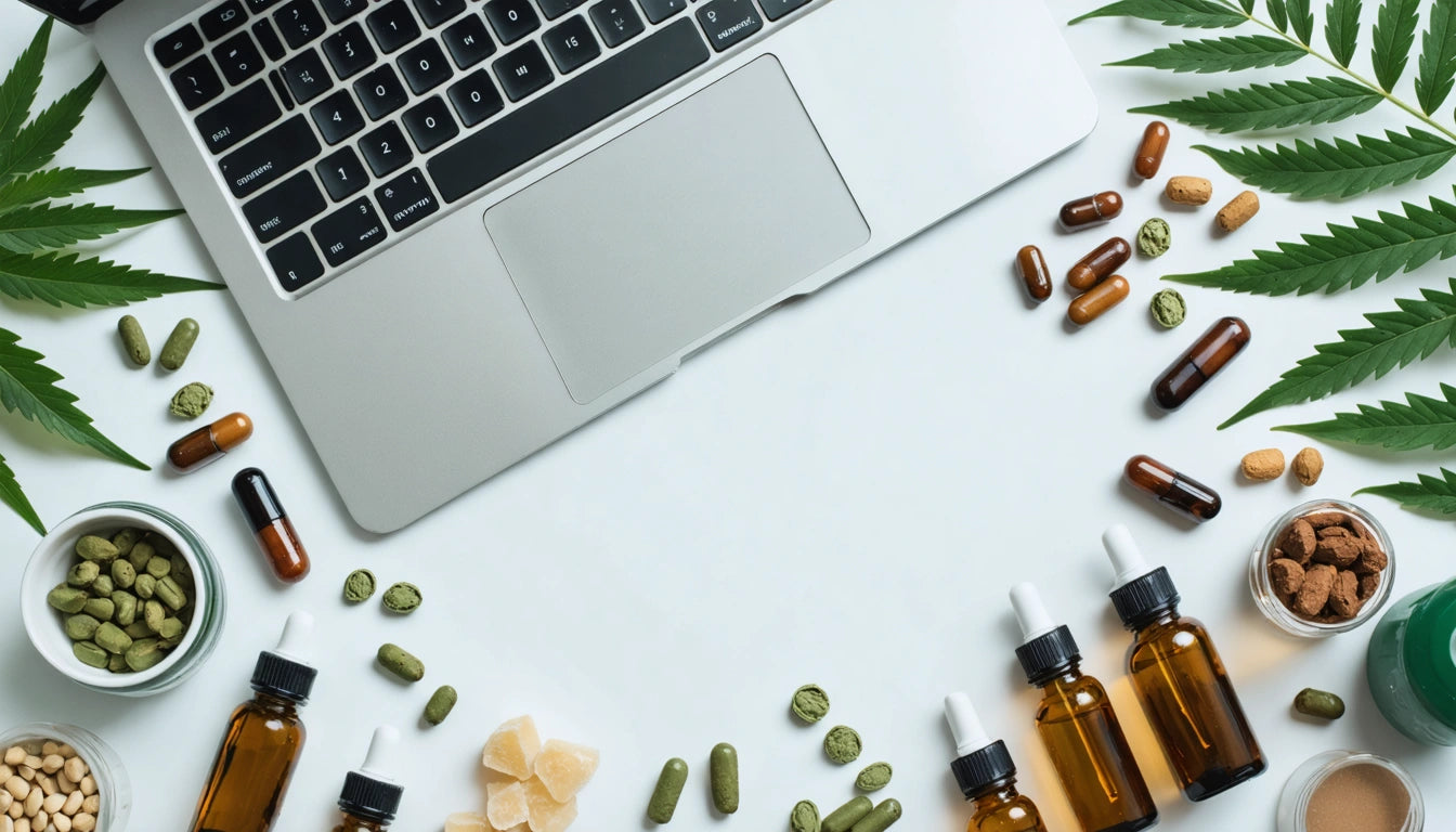 Laptop on white surface surrounded by green leaves, brown bottles with droppers, capsules, and small bowls of pills