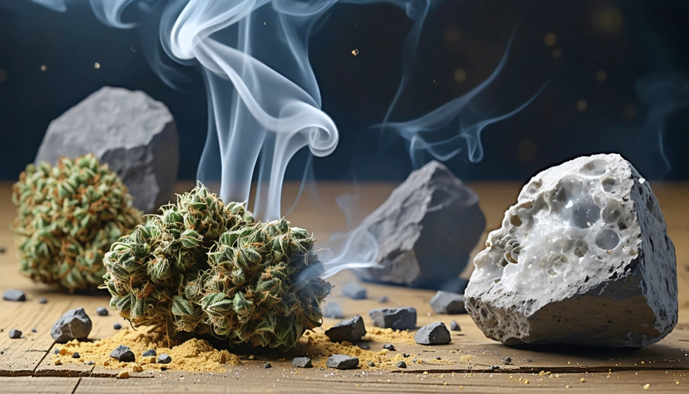 Green plant buds and rocks on wooden surface, with swirling smoke and scattered small stones