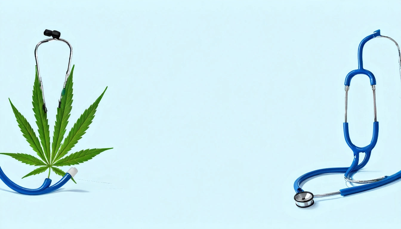 Stethoscope wrapped around a cannabis leaf on the left, another stethoscope on the right, both against a light blue background