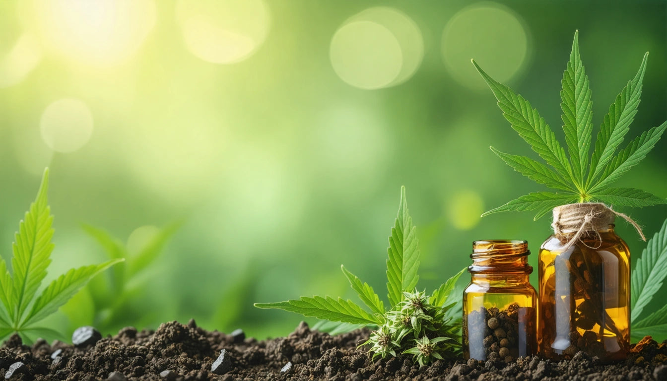 Two amber glass bottles with corks, surrounded by green leaves and soil, with a blurred green background and bright light