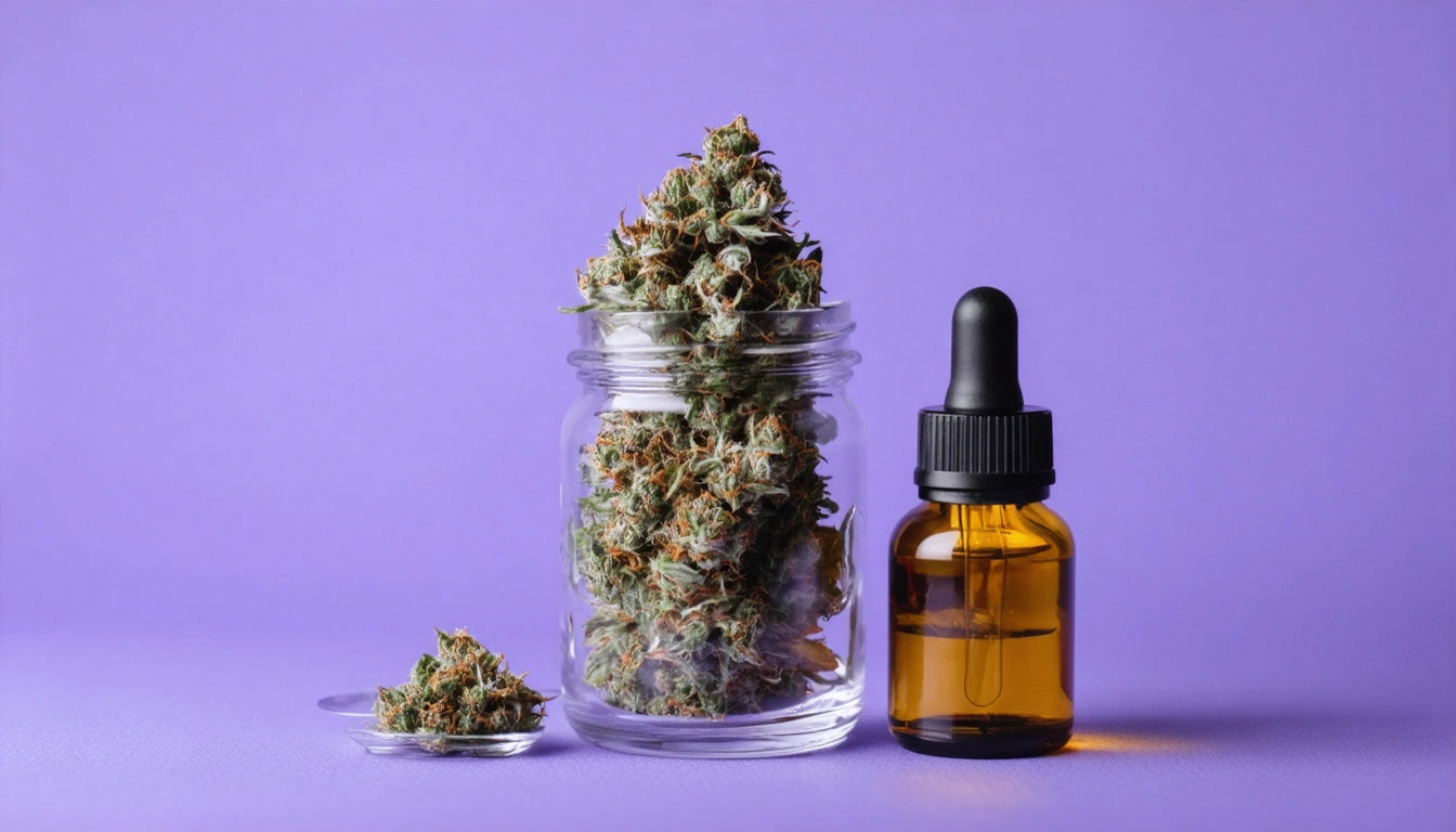 Glass jar filled with green buds, small dish with buds, amber dropper bottle, all on a purple background