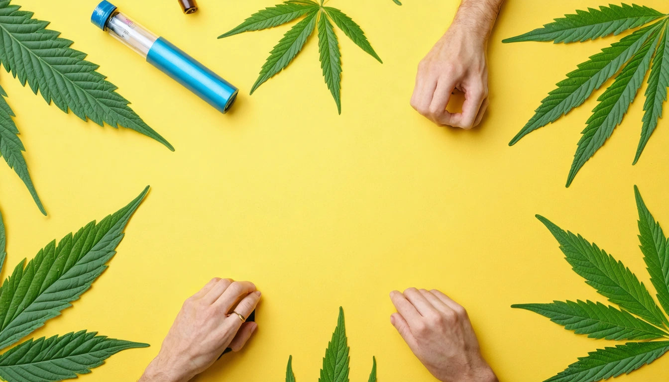 Hands on yellow surface surrounded by large green leaves and a blue cylindrical object