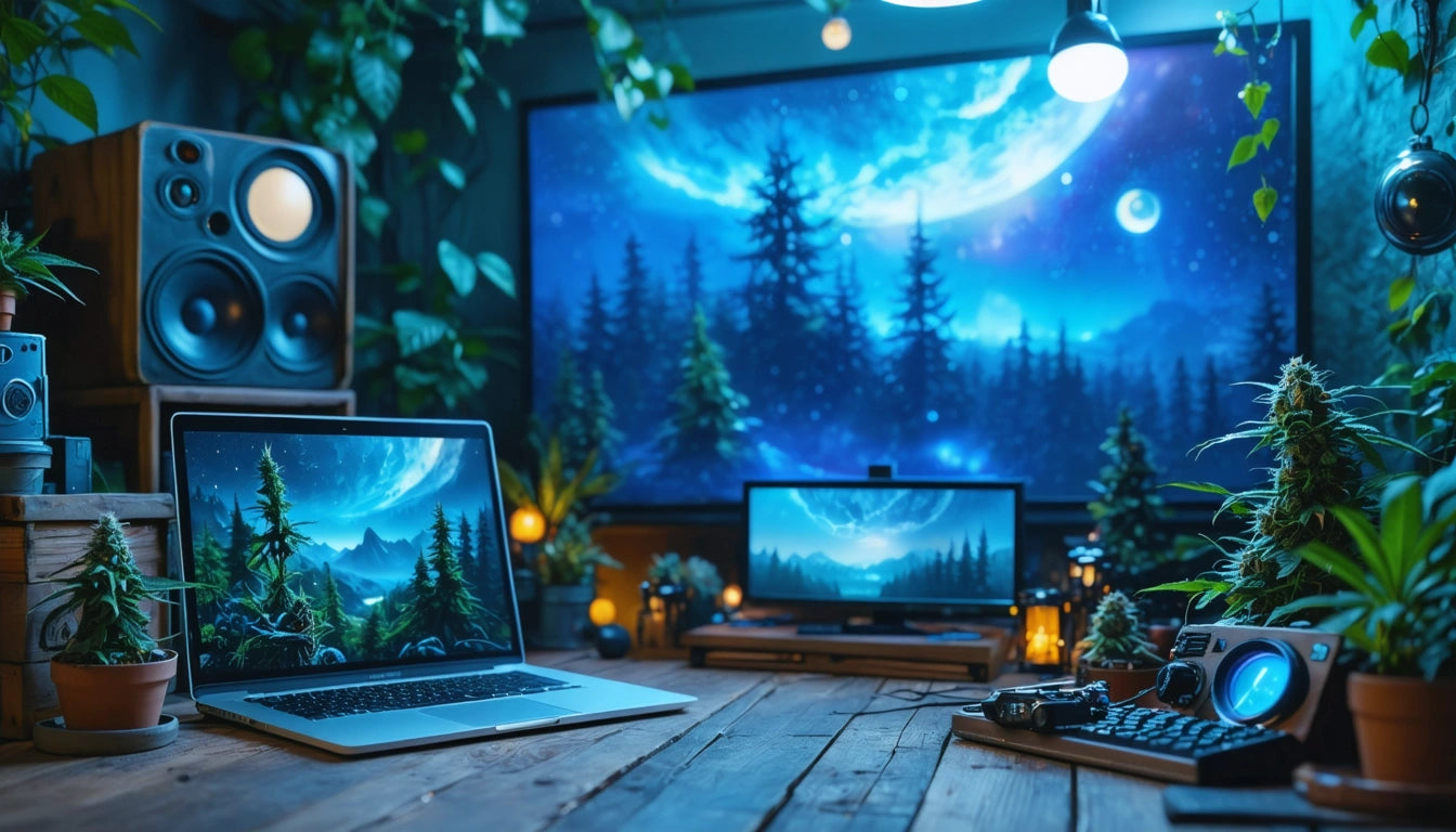 Laptop and monitors on wooden desk display forest and moon scenes; surrounded by plants, speakers, and warm lighting