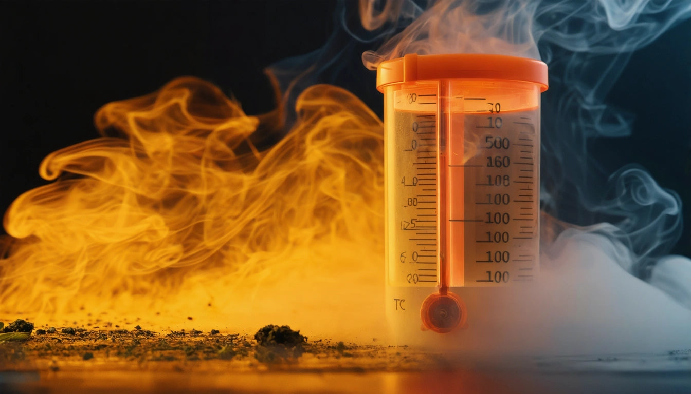 Orange-topped measuring container with smoke swirling around, against a dark background