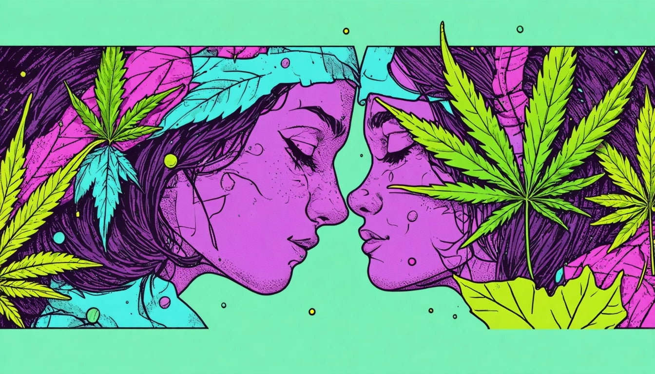 Two purple-toned faces in profile, eyes closed, with green leaves and pink flowers on a turquoise background