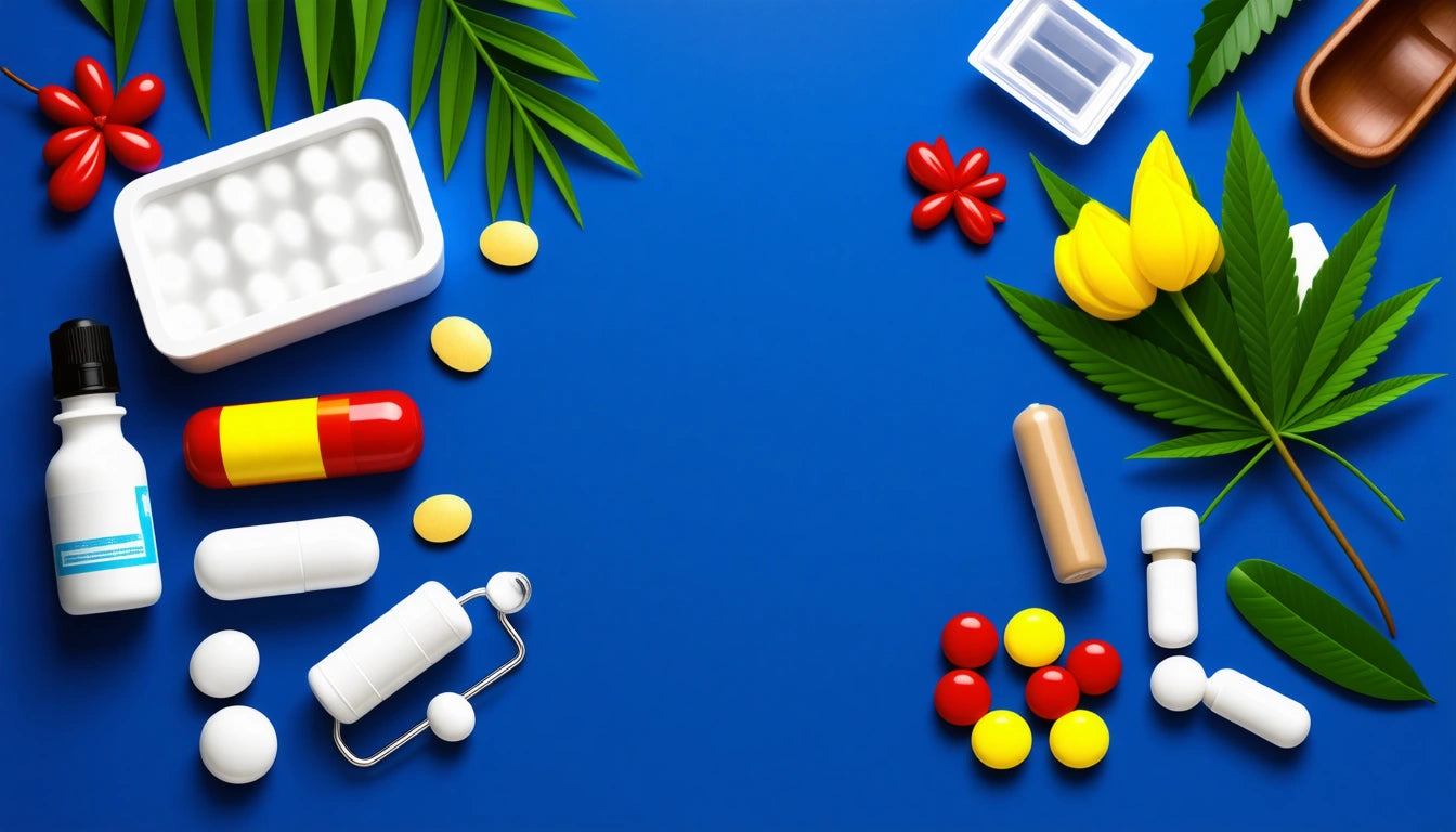 Various pills, capsules, and leaves scattered on a blue background, with a pill bottle and blister pack