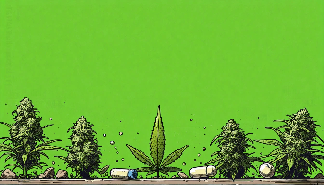 Two cannabis plants and a large leaf on green background, with scattered capsules and pills at the base
