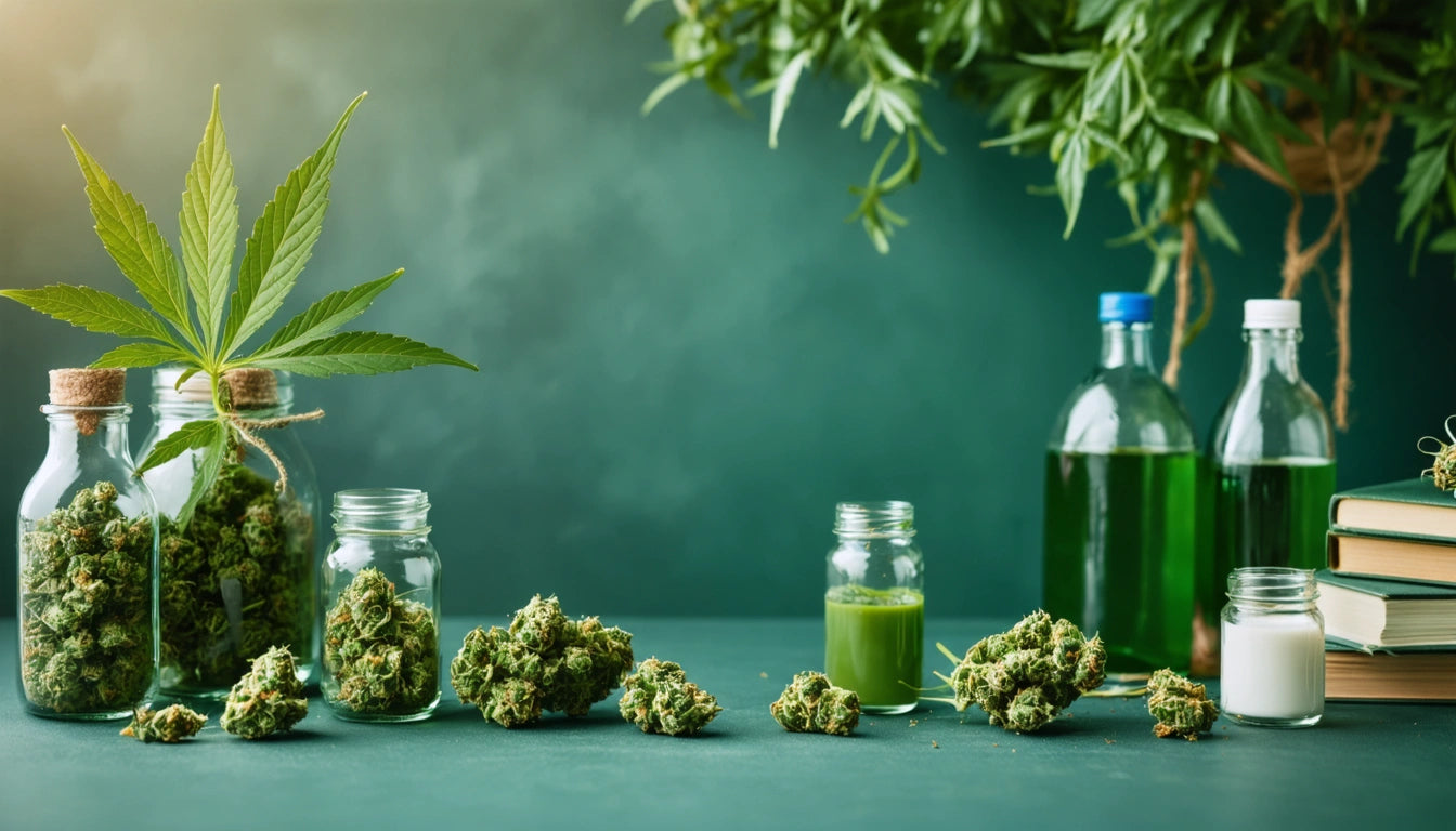 Glass jars with green herbs, leafy plant, green liquid bottles, and stacked books on a green surface