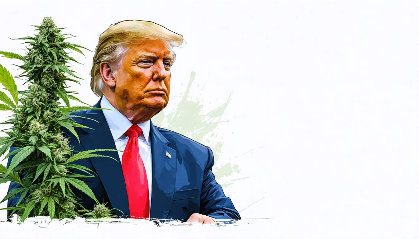 Man with blond hair in a suit and red tie next to a tall green cannabis plant on a white background