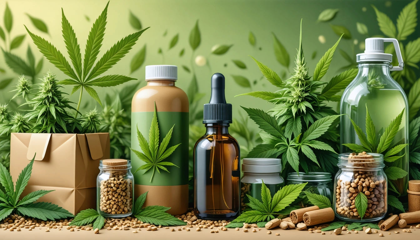 Various bottles, jars, and packages with cannabis leaves, seeds, and plants on a wooden surface, green background