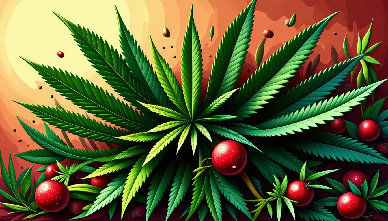 Green, pointed leaves with serrated edges and red berries against a gradient background of warm yellow to orange tones