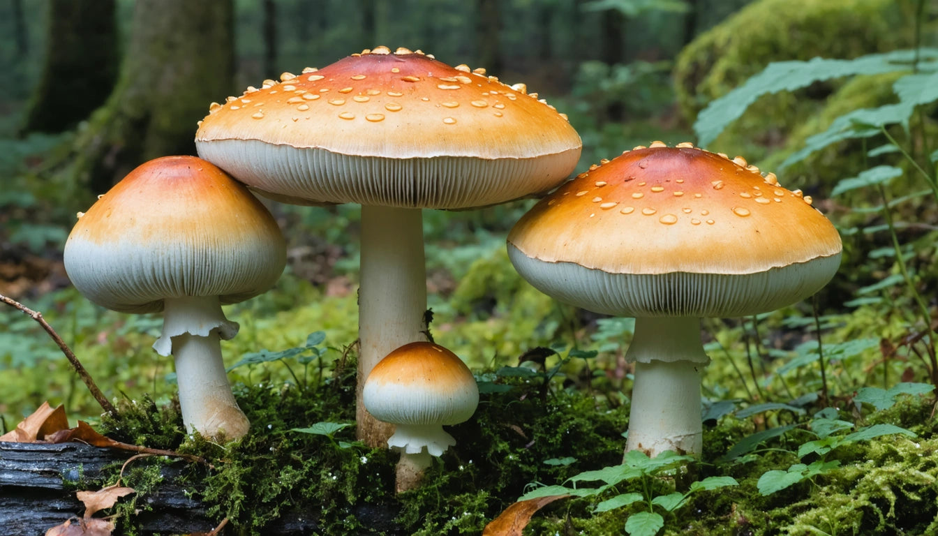Four orange-capped mushrooms with white stems, covered in water droplets, growing on mossy forest floor