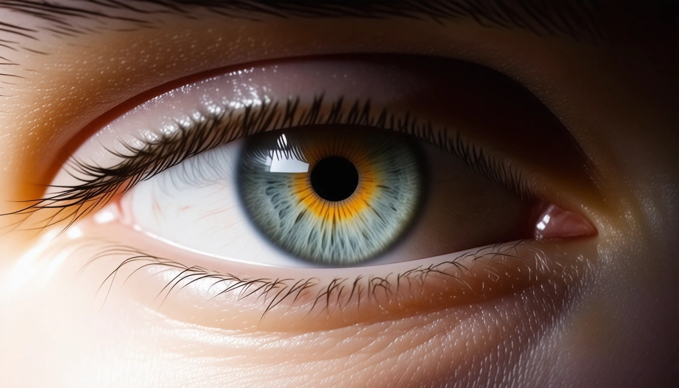 Close-up of a blue eye with yellow and orange rings around the pupil, surrounded by detailed eyelashes and skin texture