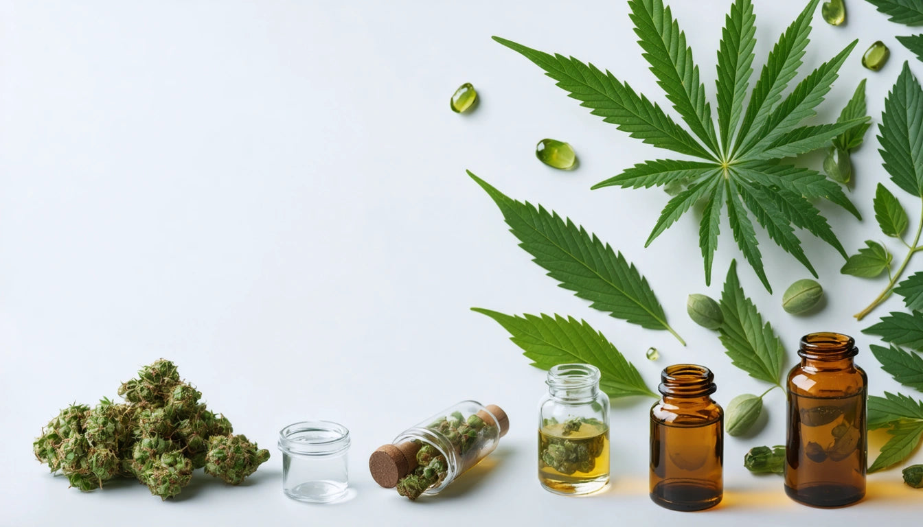 Glass jars with green buds, amber bottles, green capsules, and large green leaves on a white background