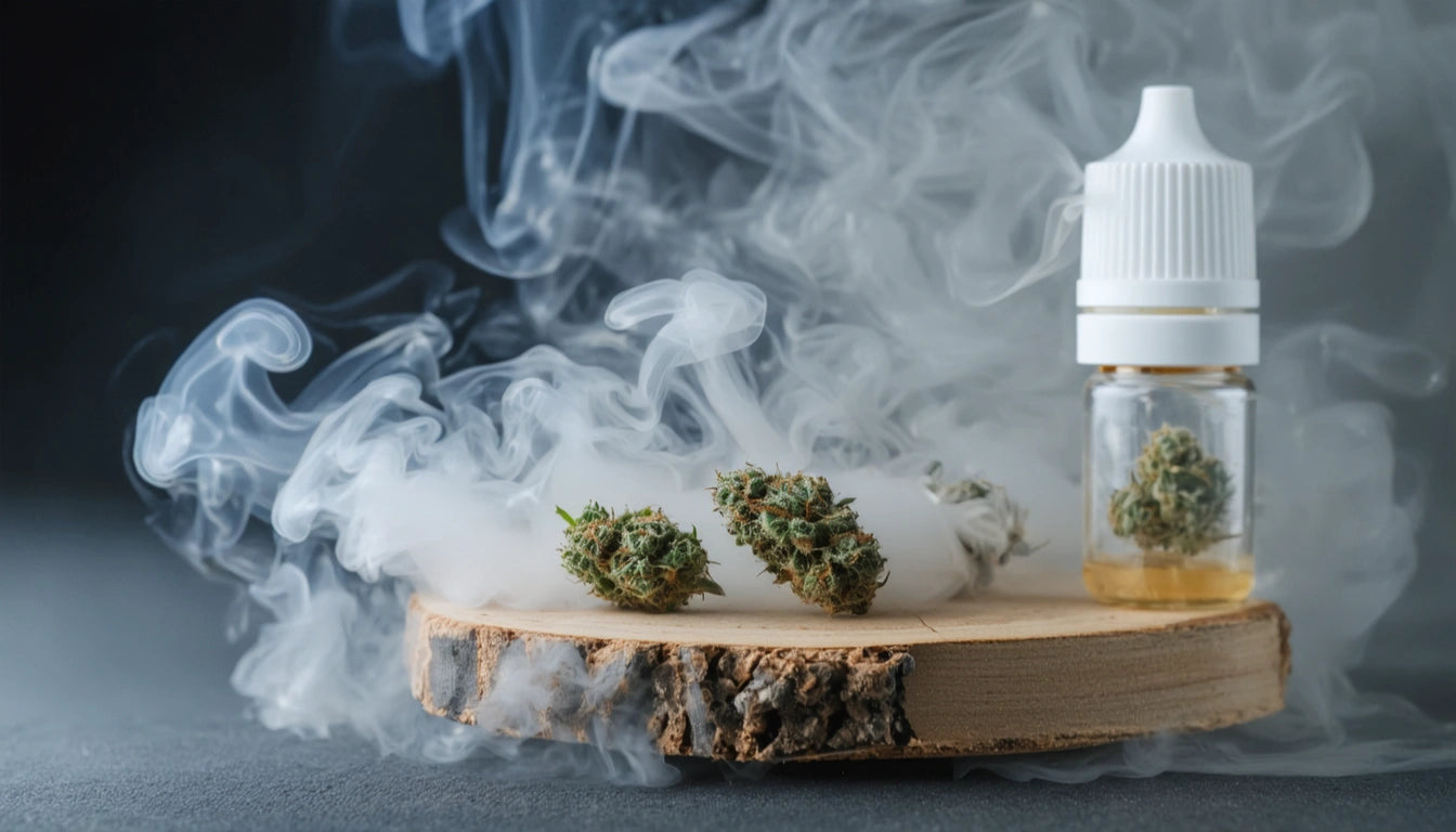 Wooden slab with cannabis buds, small dropper bottle, surrounded by swirling smoke against a dark background