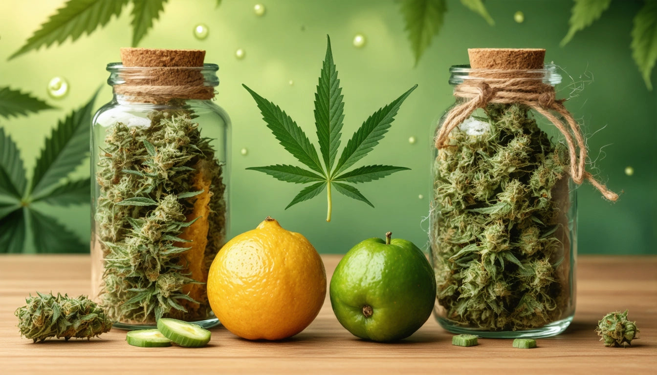 Two glass jars filled with green buds, a lemon and lime in front, leaves and droplets in blurred green background