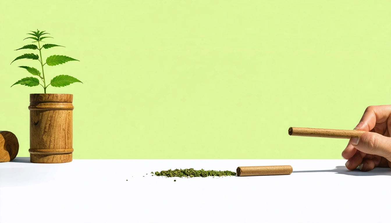 Hand holding a rolled item, green leaves in wooden pot, scattered green substance on white surface, light green background