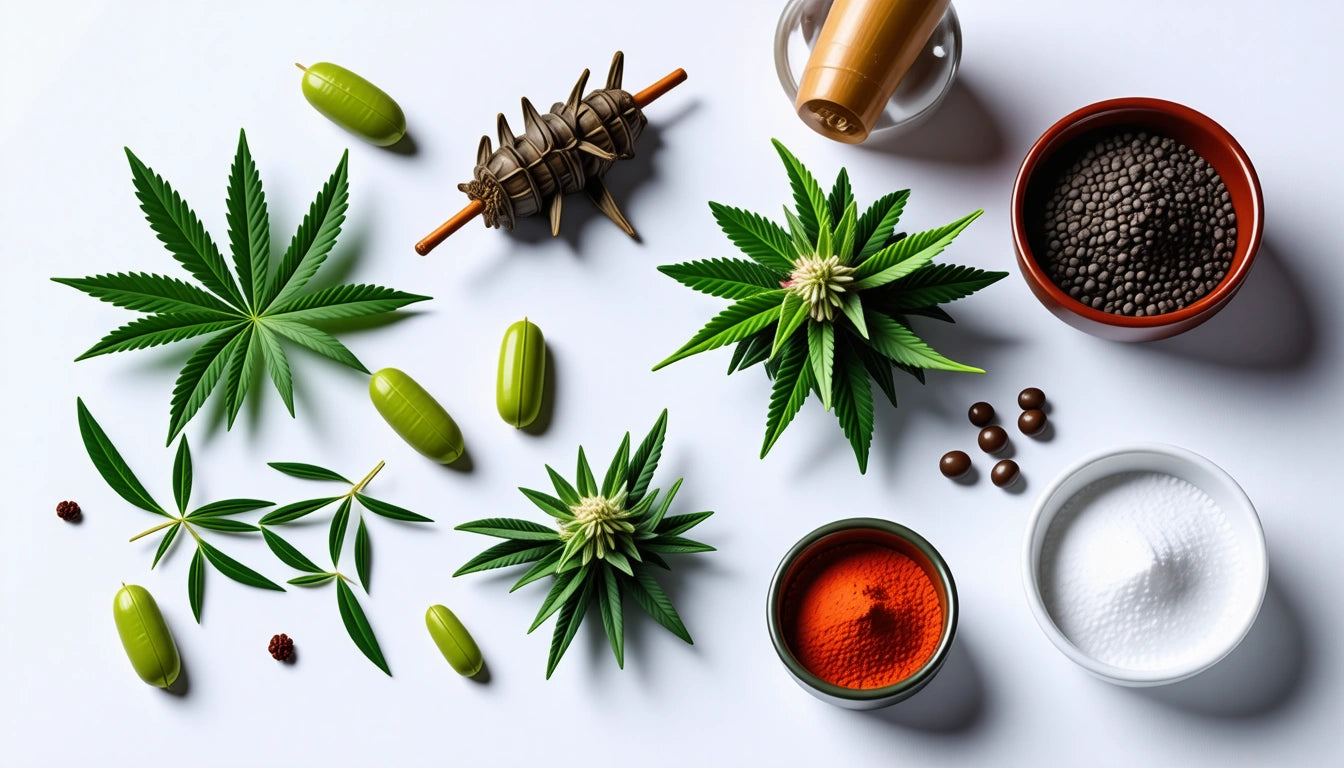 Green cannabis leaves, capsules, and seeds on white background, with bowls of black seeds, red powder, and white powder