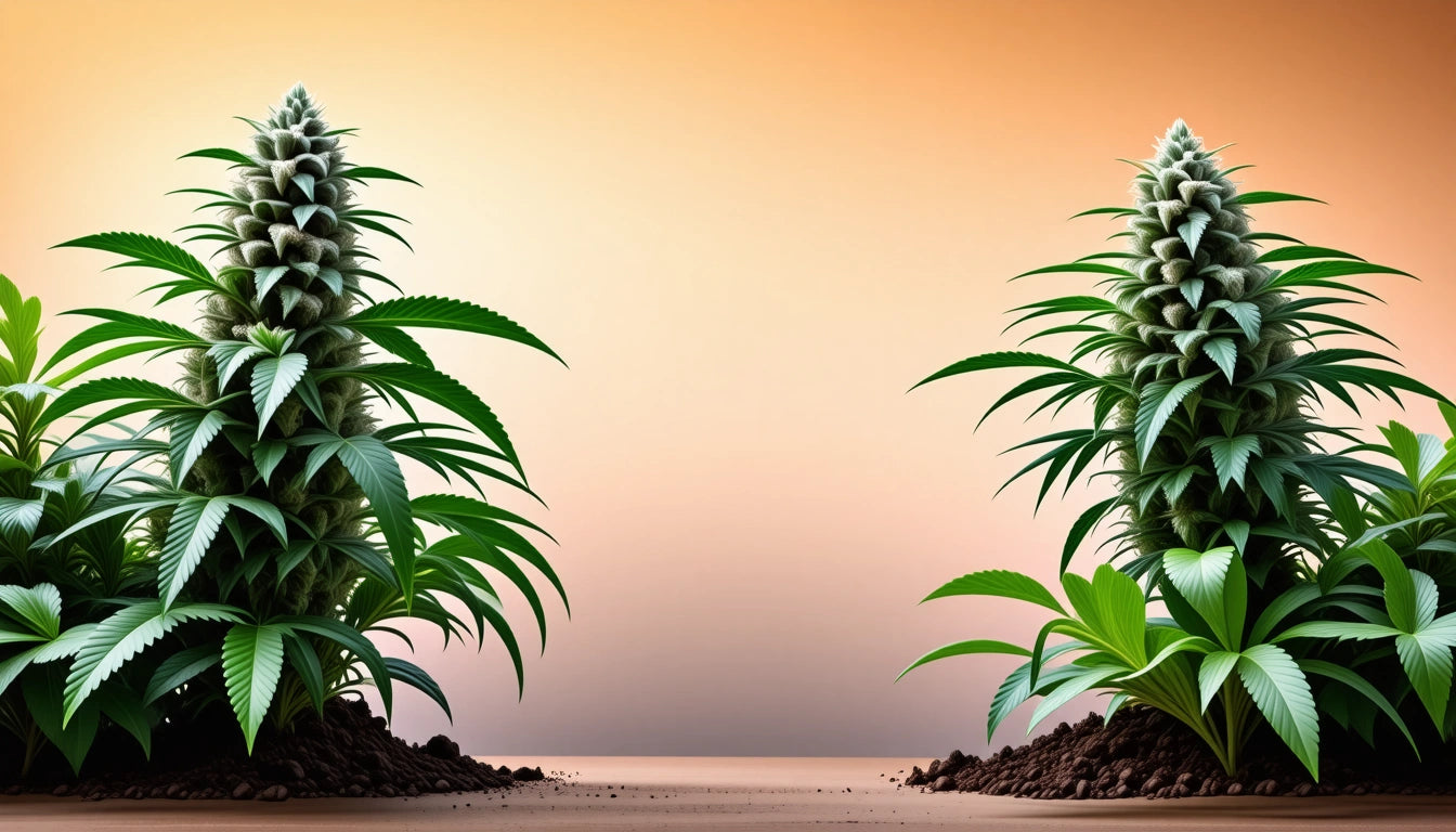 Two tall, leafy plants with dense, spiky clusters on top, set against a gradient orange background