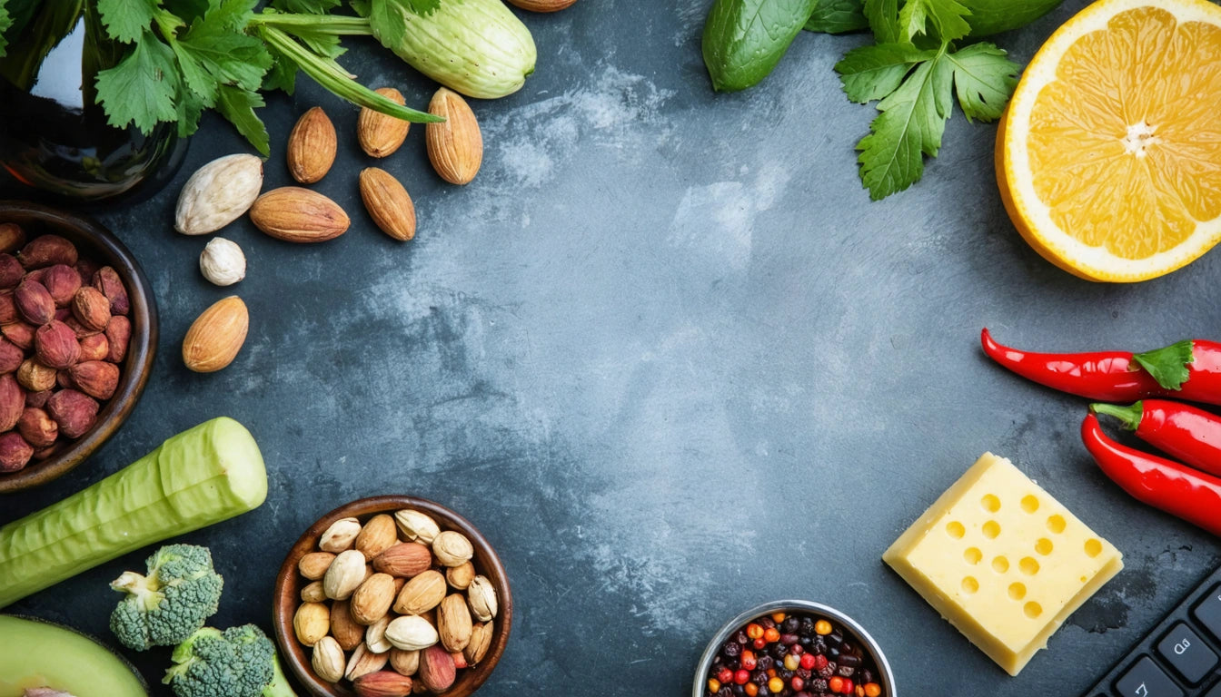Fresh vegetables, nuts, cheese, and spices arranged around a dark textured surface, with space in the center