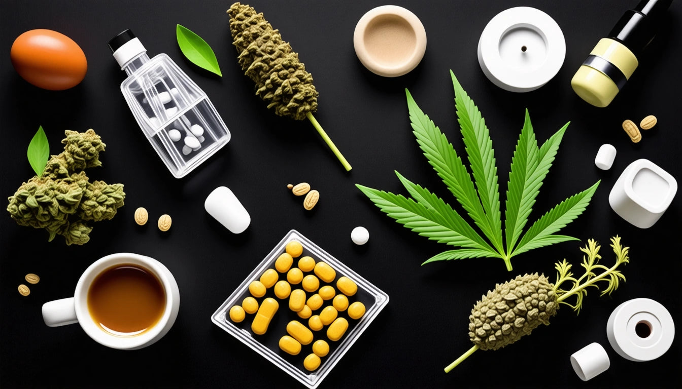 Egg, pills, cannabis leaves, coffee, and various containers arranged on a black surface