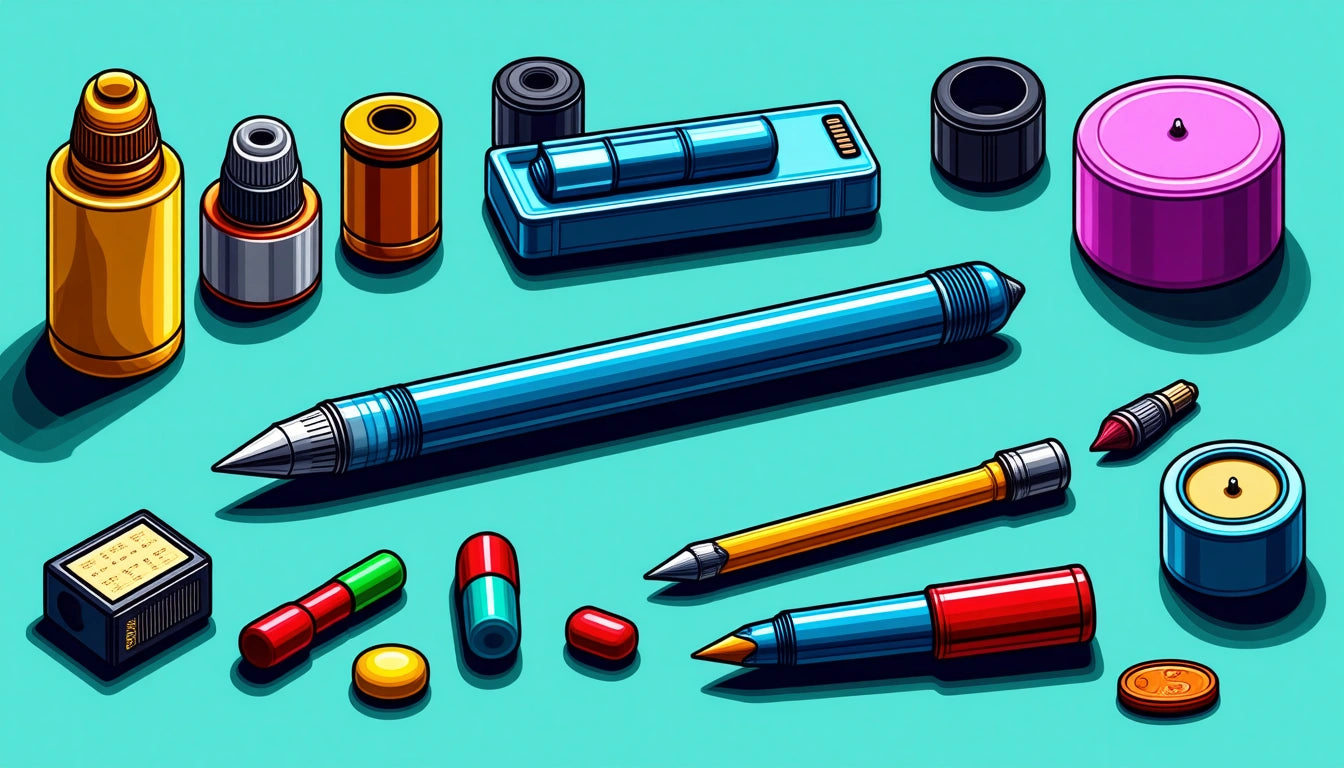 Assorted colorful pens, markers, and caps on a teal background, with scattered capsules and a small square device