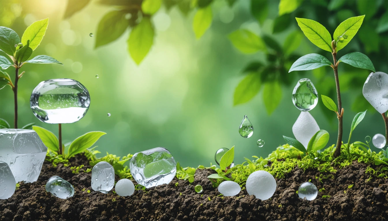 Soil with small plants, ice cubes, and water droplets; green leaves and blurred background with sunlight