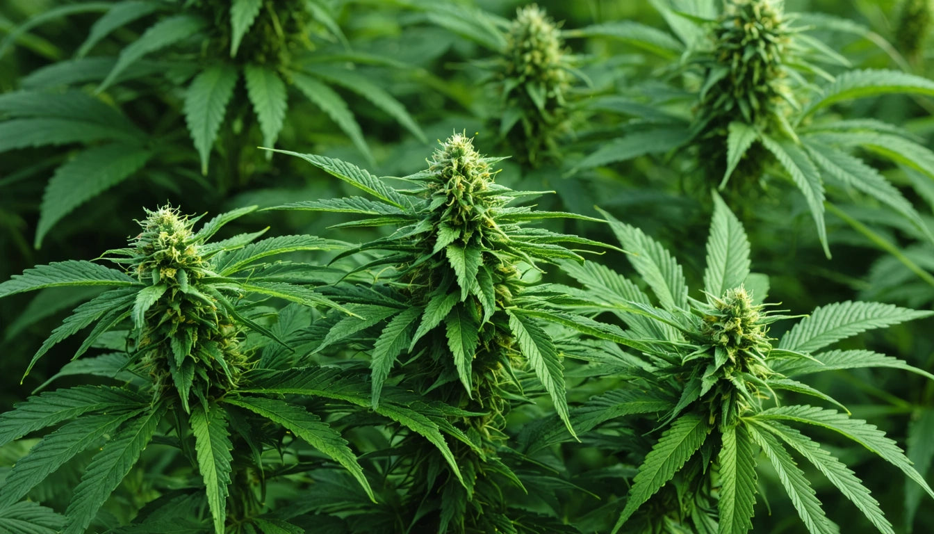 Dense green plants with pointed leaves and clustered buds in a lush outdoor setting