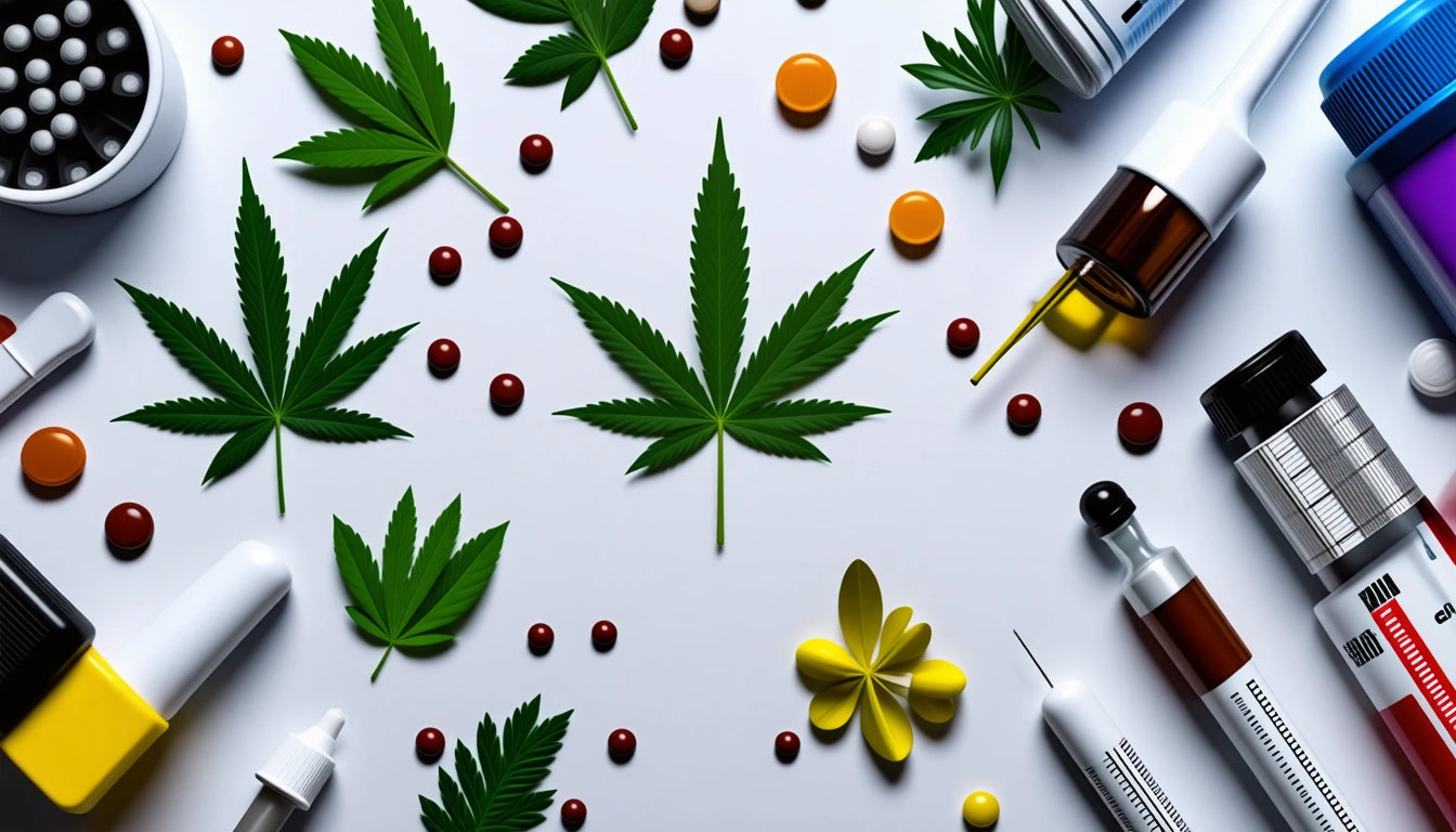 Green cannabis leaves, assorted pills, syringes, and medicine bottles scattered on a white surface