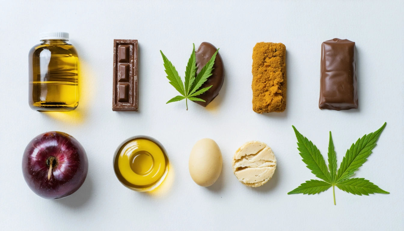 Bottles, chocolate bars, cannabis leaves, apple, oil, egg, and cookies arranged on a white background