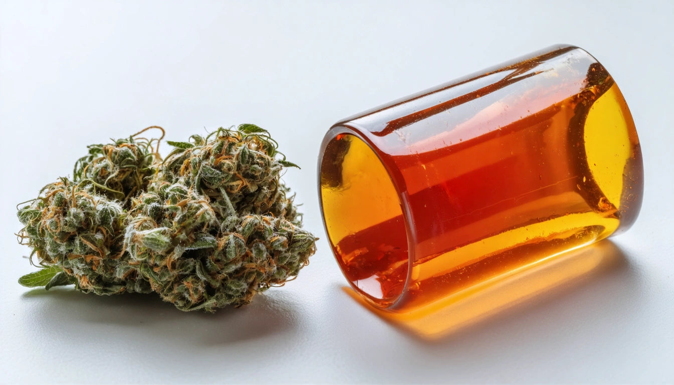 Glass jar filled with amber liquid lying on its side next to a cluster of green, leafy buds on a white surface