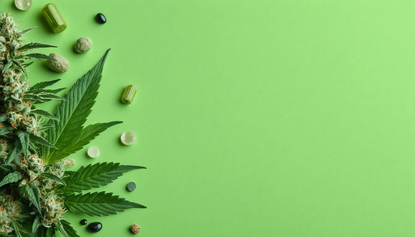 Cannabis leaves and buds on left, various pills scattered, green background