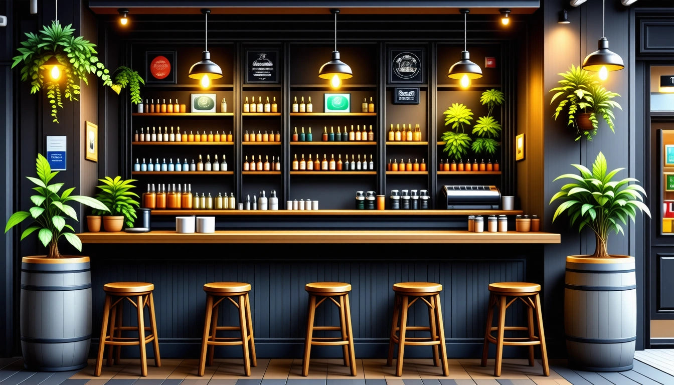 Bar with five wooden stools, shelves filled with bottles, hanging lights, potted plants, and dark wood accents