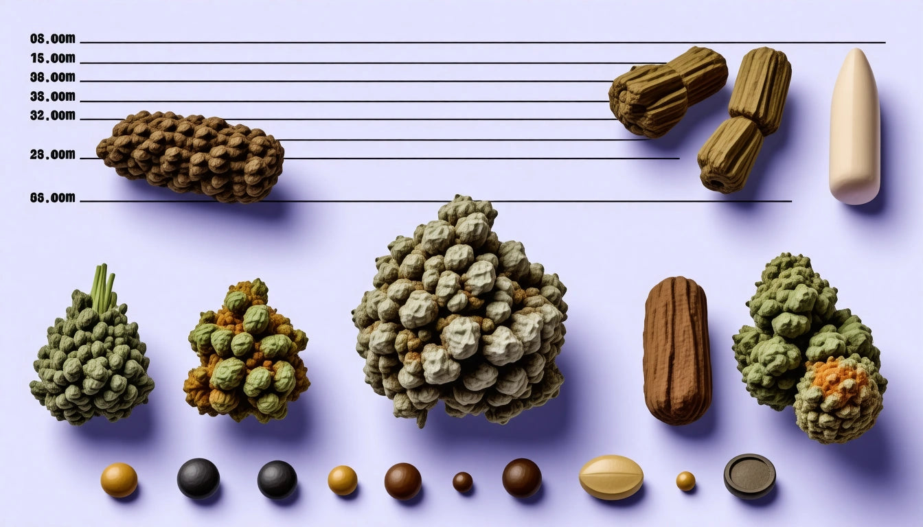 Various textured and colored objects arranged in rows with a scale in the background, resembling abstract shapes and pills