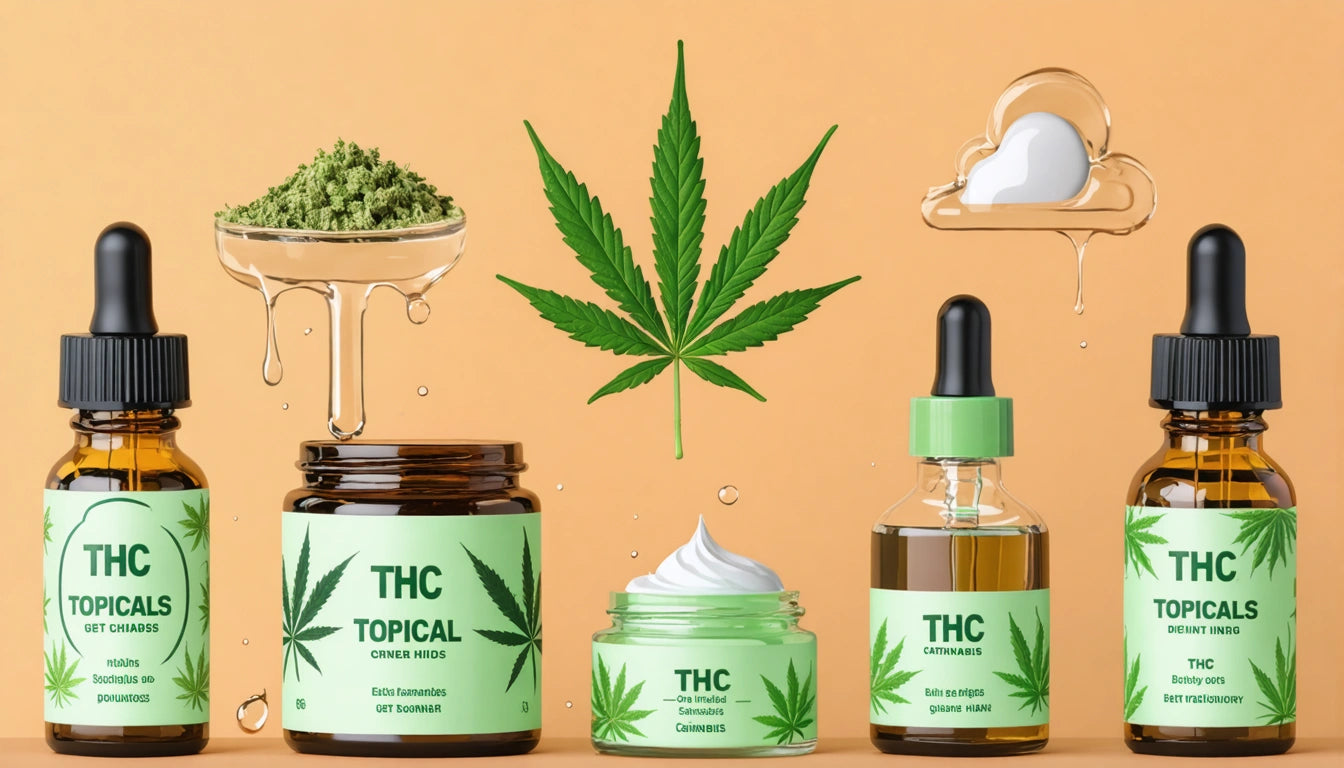 Bottles and jars with green labels, cannabis leaf, cloud with droplets, and a bowl of green substance on an orange background