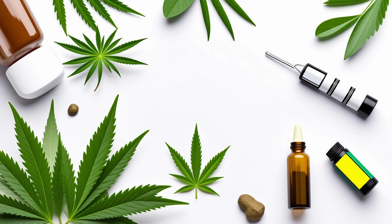 Green leaves, brown dropper bottle, syringe, pill, and small green bottle on white background