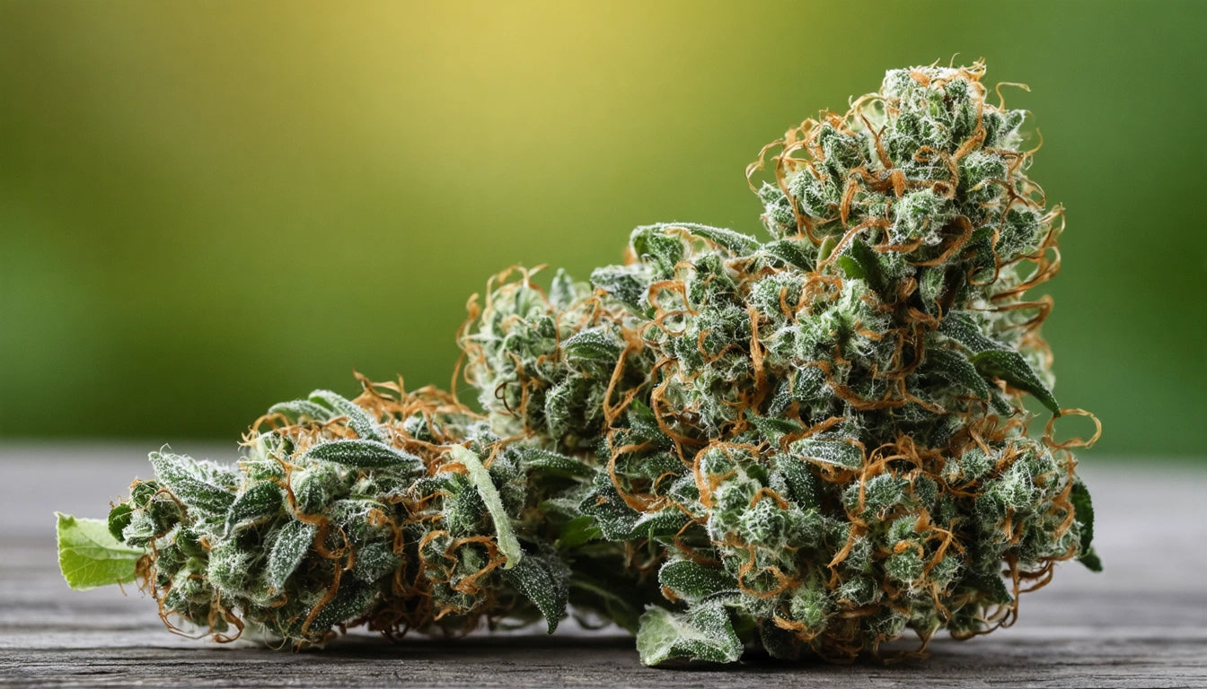 Two dense, green and orange buds with frosty trichomes on a wooden surface, blurred green background