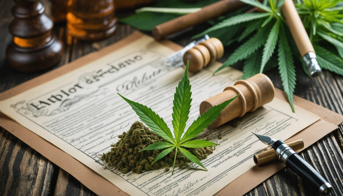 Cannabis leaf and buds on a document, surrounded by a gavel, pen, and wooden surface
