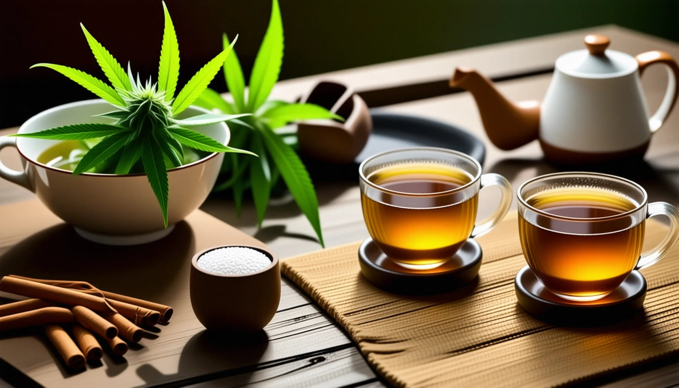 Two glass teacups with amber liquid on a wooden table, next to a teapot, a bowl with green leaves, and cinnamon sticks