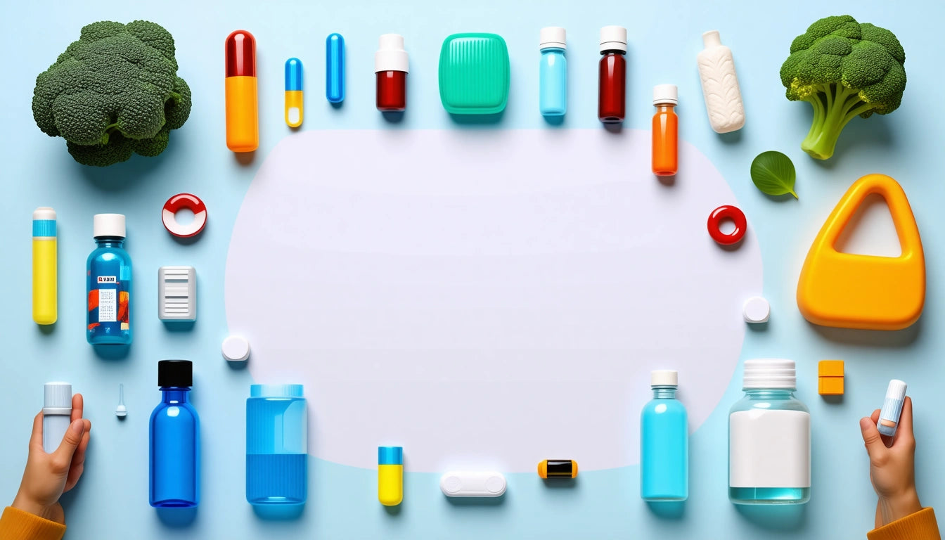 Various colorful bottles, containers, and vegetables arranged around a blank white oval on a light blue background