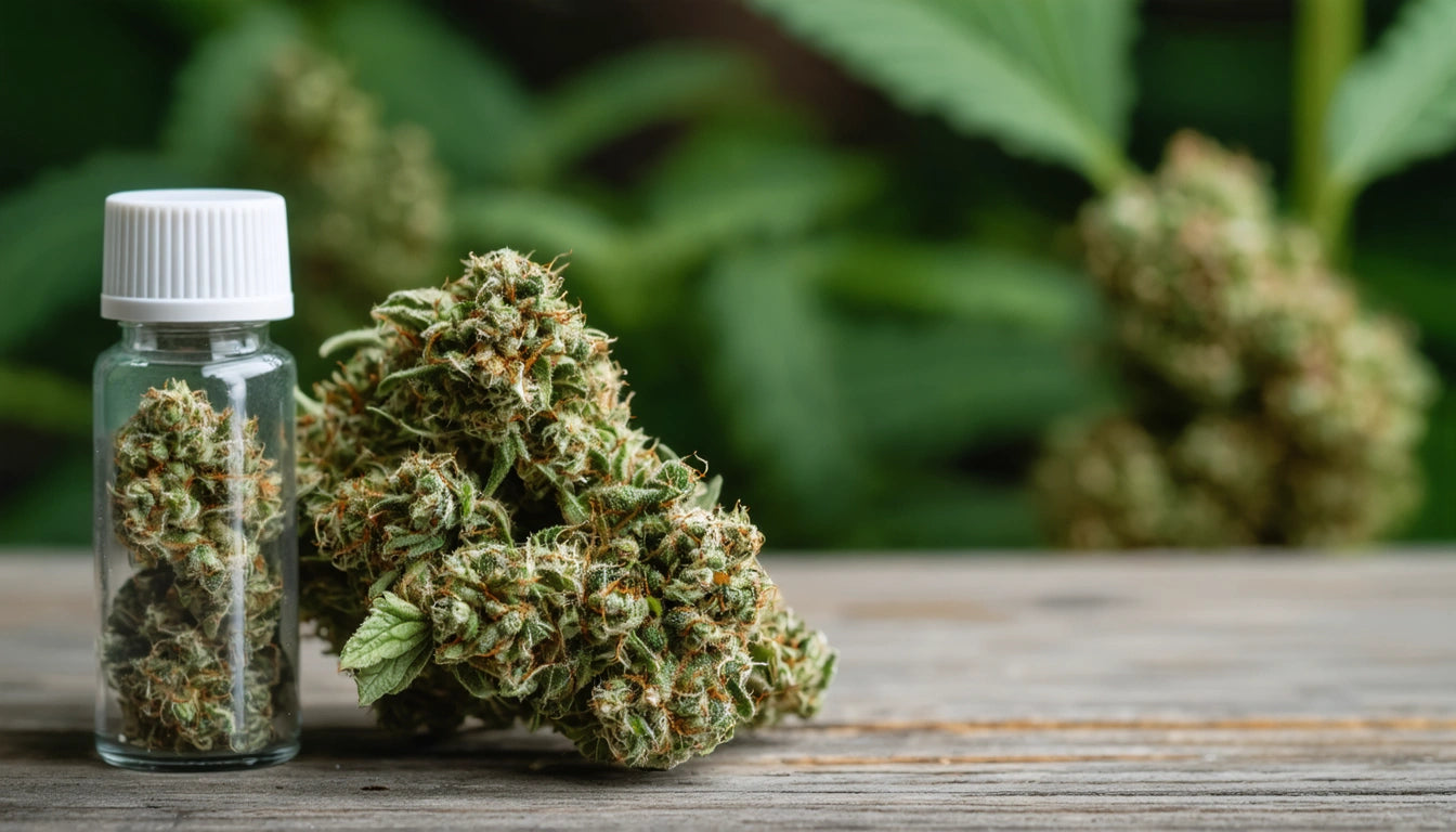 Glass jar with white lid next to a cluster of green, spiky plants on a wooden surface, blurred greenery in the background