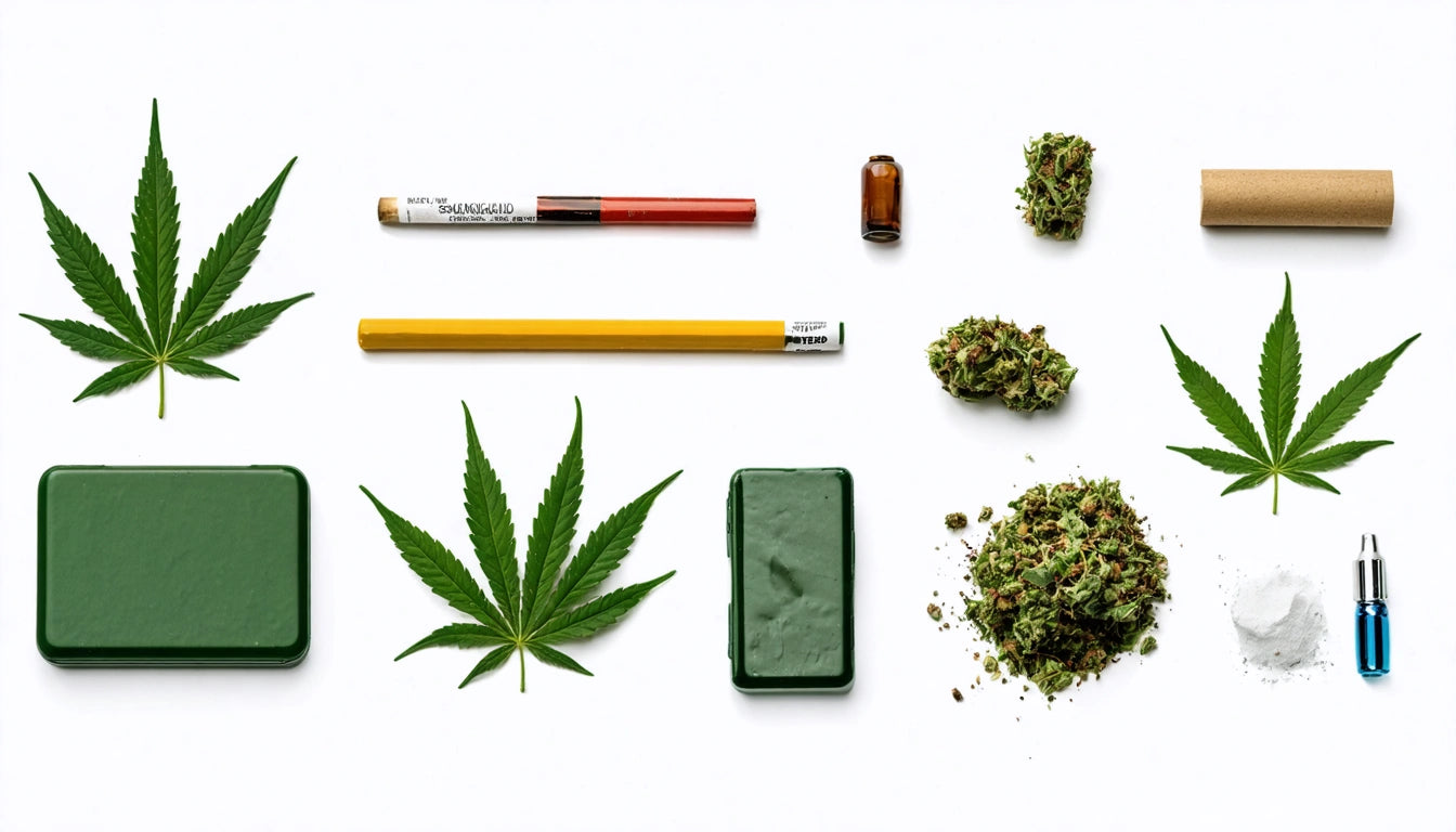 Green leaves, rolled paper, pencil, small bottle, green containers, and piles of herbs on white background