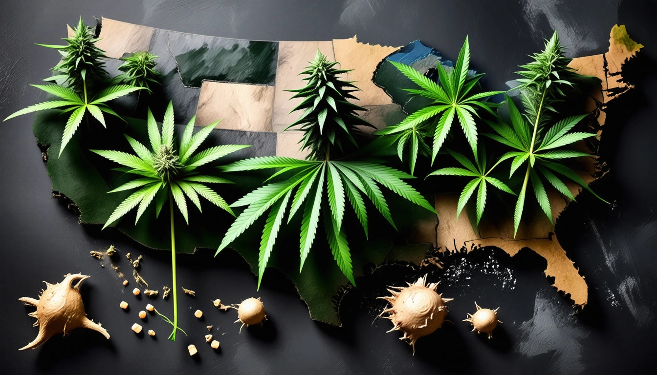 Map of the United States with large cannabis leaves and roots placed on top, surrounded by scattered seeds