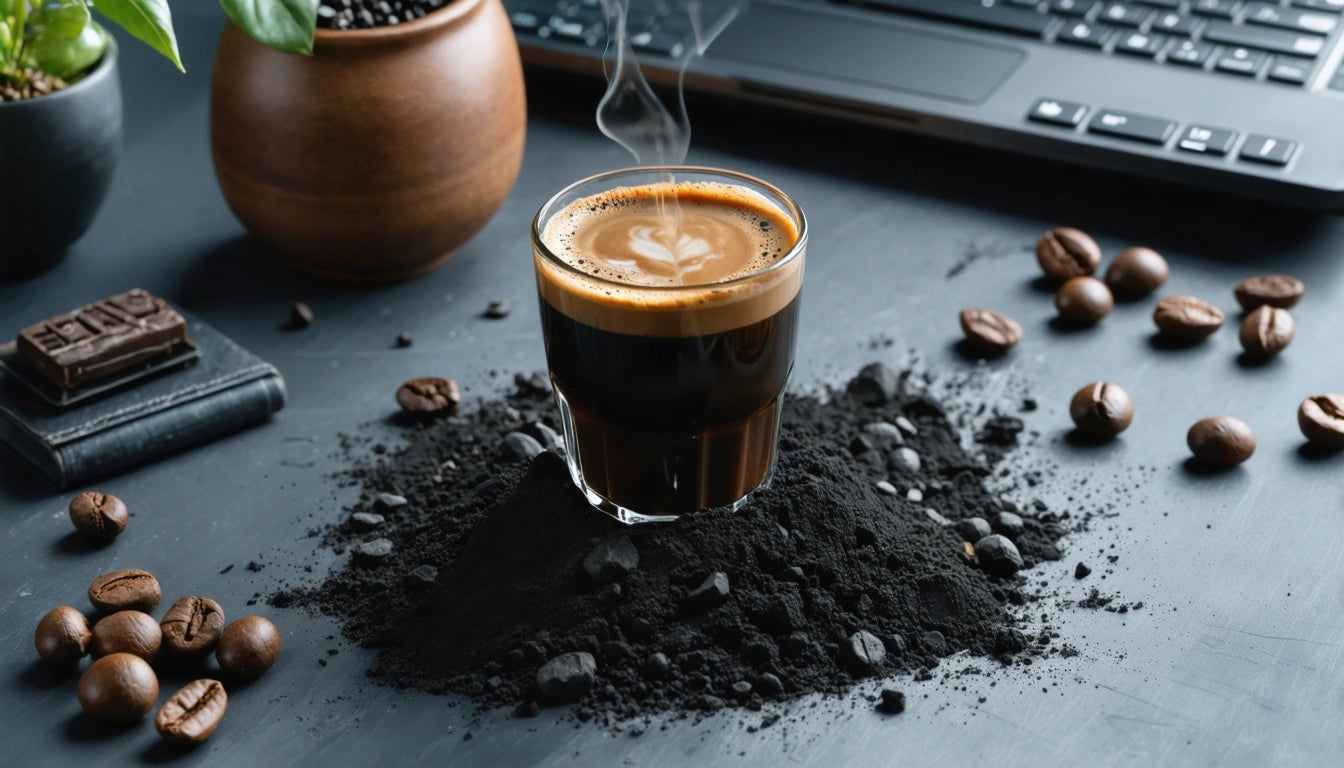 Steaming espresso in glass on mound of coffee grounds, surrounded by scattered beans, chocolate, plant, and laptop