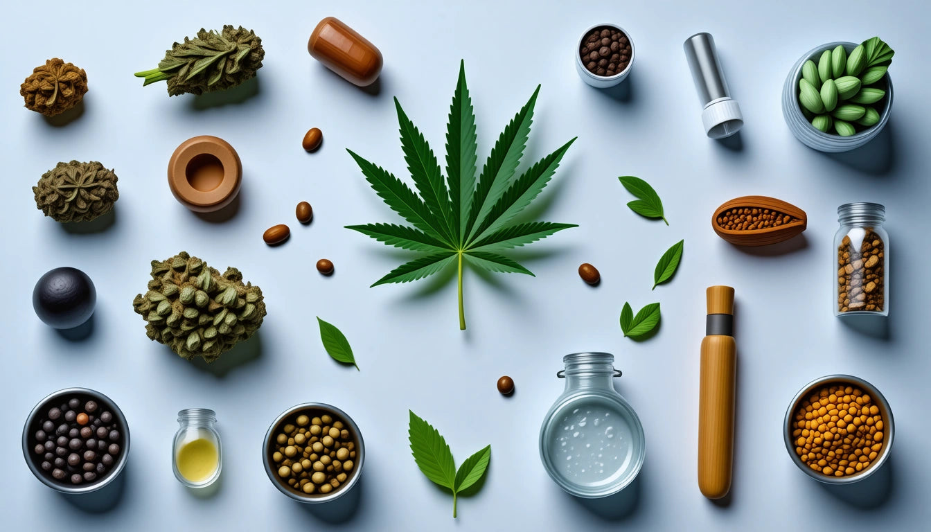 Green cannabis leaf centered, surrounded by various seeds, capsules, and containers on a light blue surface
